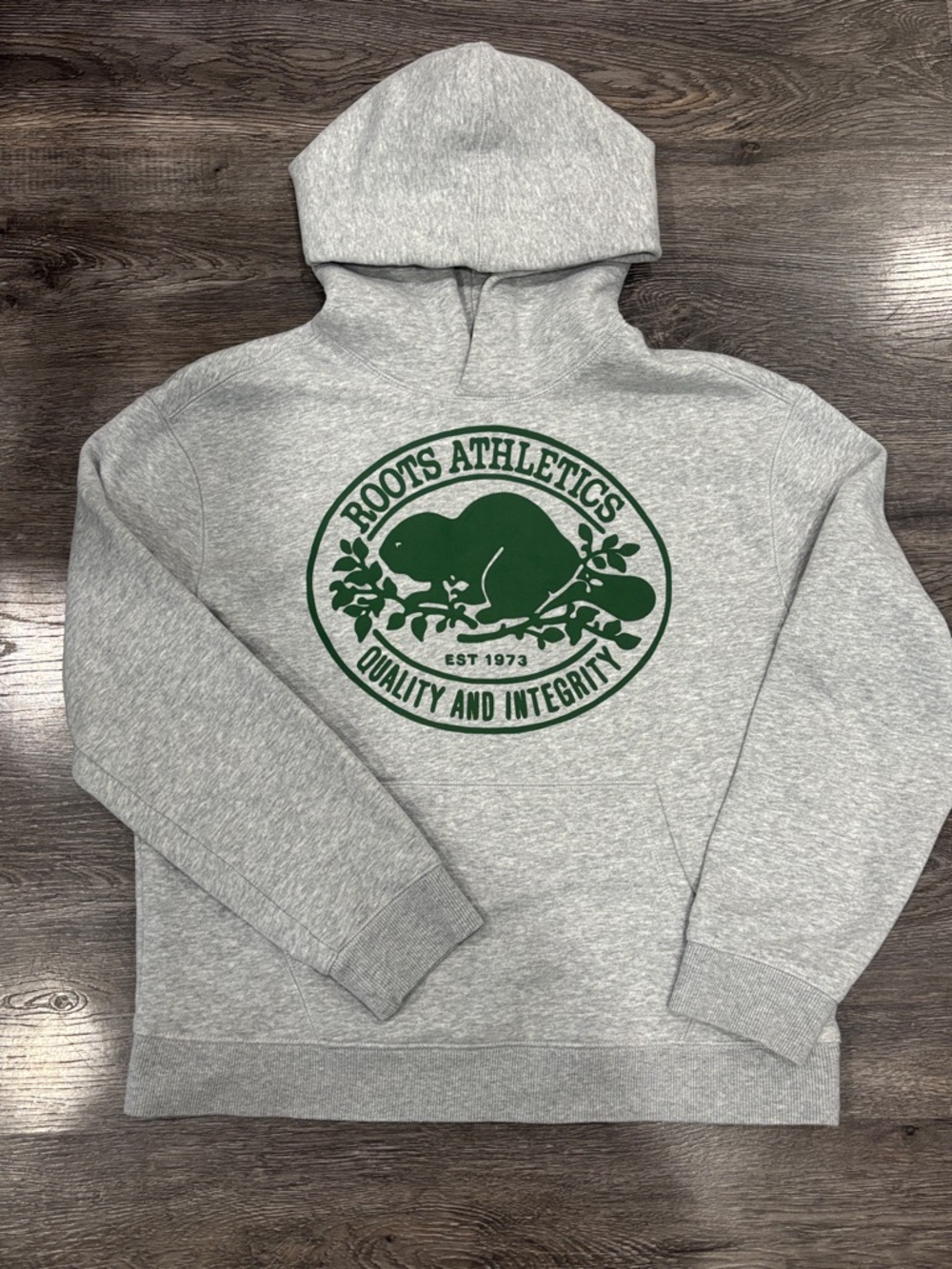 Roots Gray Sweatshirt Hoodie with Green Beaver Logo